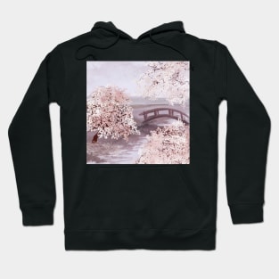 Sakura blooming trees, bridge on river watercolor. Cherry blossom scenery. Spring nature Hoodie